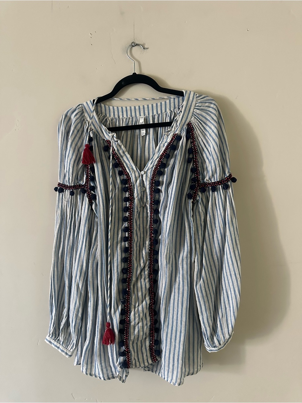 Zara Blue and White Striped Peasant Tunic with Red Tassels
